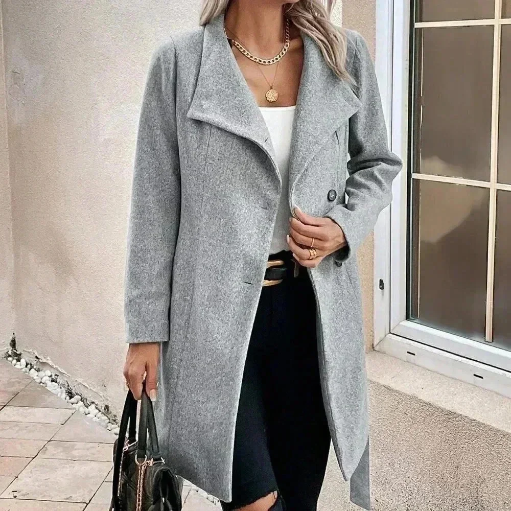 Grey Casual Womens Waterfall Collar Belted Overcoat - Picture 3 of 5